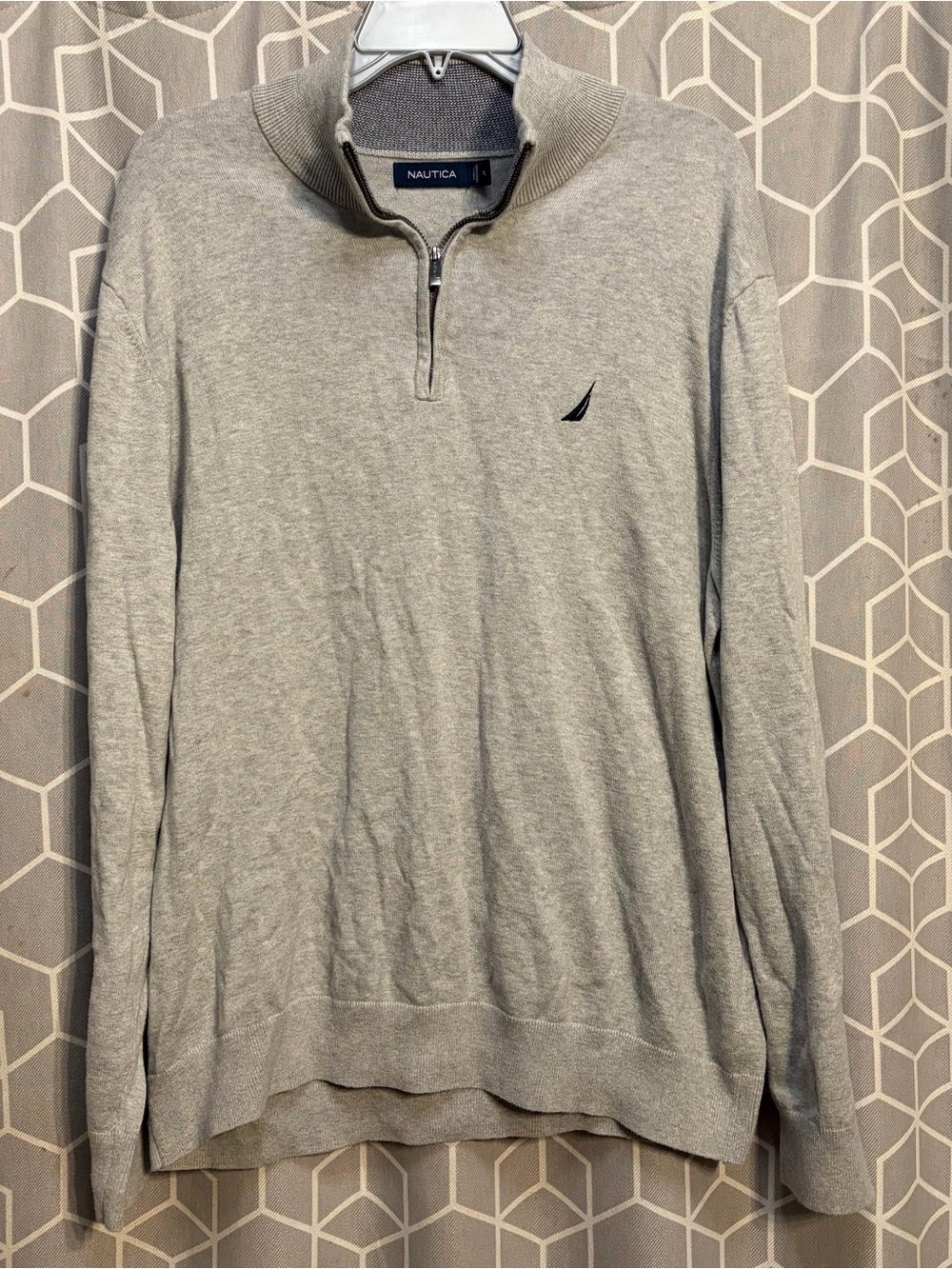 Nautica Men's Light Gray Zip-Neck Sweater with Sail Logo